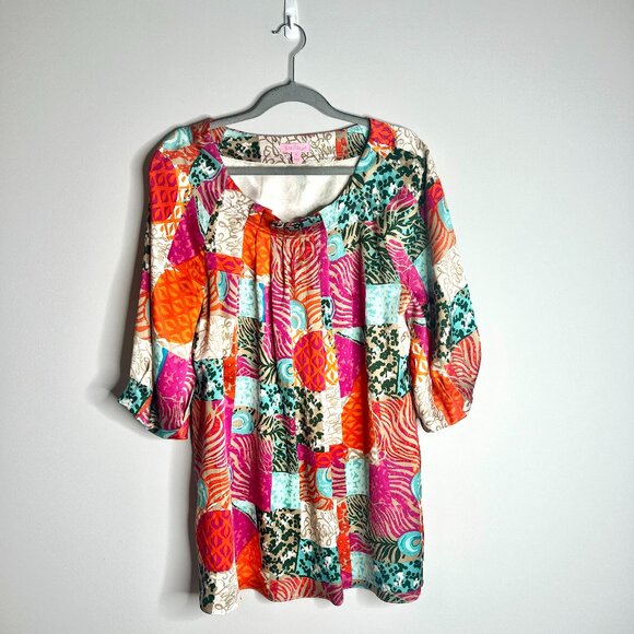 Lilly Pulitzer Multi-Print Patchwork Print 100% Silk 3/4 Sleeve Mini Dress Sz 14 - Picture 1 of 3